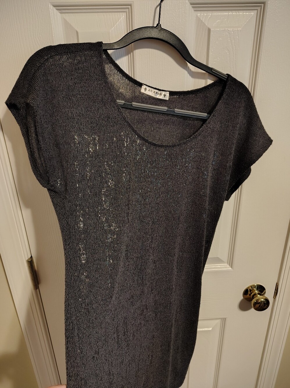 Dark Grey, Shimmery, Slightly sheer Cap Sleeve Top. Large. Agenda Brand.